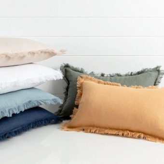 Pillow Talk Sahara linen fringed oblong cushion by m.u.s.e. offer
