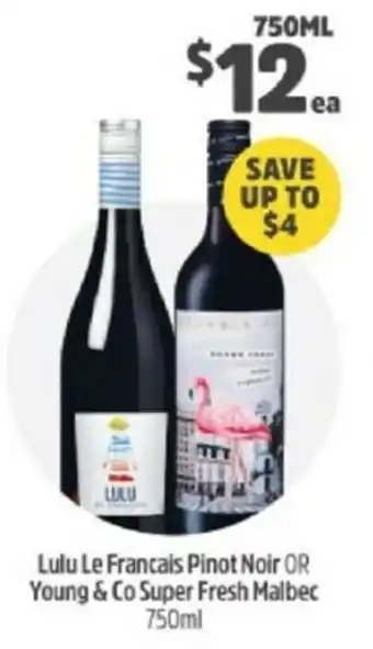 BWS Lulu Le Francais Pinot Noir or Young & Co Super Fresh Malbec 750ml offer