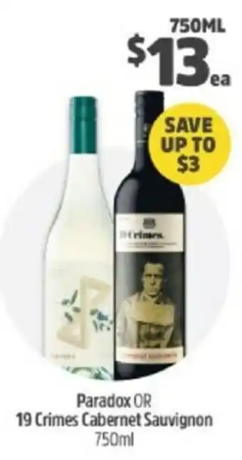 BWS Paradox or 19 Crimes Cabernet Sauvignon 750ml offer