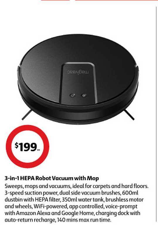 3in1 hepa robot vacuum with mop offer at Coles