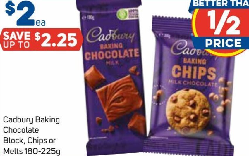 Cadbury Baking Chocolate Block, Chips or Melts 180225g offer at Foodland