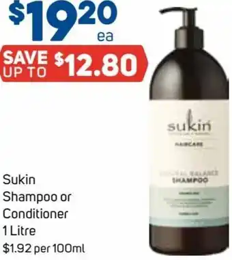 Foodland Sukin Shampoo or Conditioner 1 Litre offer