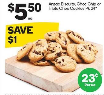 Woolworths Anzac biscuits, choc chip or triple choc cookies offer