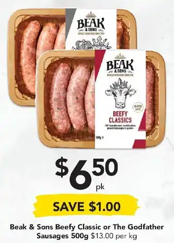 Drakes Beak & Sons Beefy Classic or The Godfather Sausages 500g offer