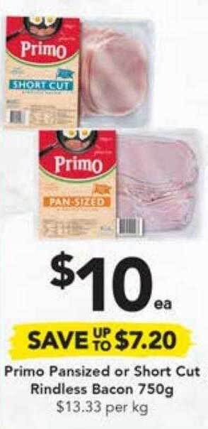 Drakes Primo pansized or short cut rindless bacon offer
