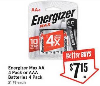 IGA Energizer max aa or aaa batteries offer