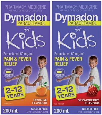 Pharmacist Advice Dymadon paracetamol for kids 2-12 years orange or strawberry flavour 200ml offer