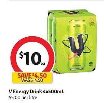 Coles V energy drink 4x500ml offer