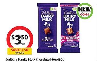 Coles Cadbury family block chocolate 160g-190g offer
