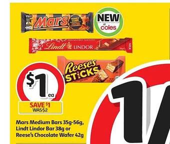 Coles Mars medium bars 35g-56g, lindt lindor bar 38g or reese's chocolate wafer 42g offer
