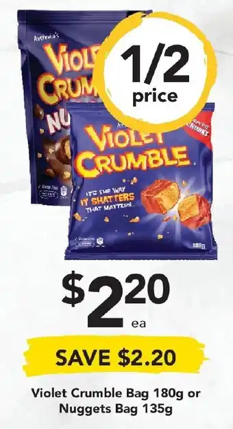 Drakes Violet Crumble Bag 180g or Nuggets Bag 135g offer