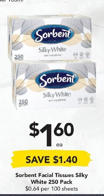 Drakes Sorbent Facial Tissues Silky White 250 Pack offer