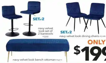 Cheap as Chips Navy Velvet Look Set Of 2 Barstools FG202/Navey Velvet Look Bench Ottoman FG211/Navy Velvet Look Dining Chairs FG199 offer
