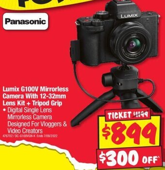 JB Hi-Fi Lumix G100V Mirrorless Camera With 12-32mm Lens Kit + Tripod Grip offer