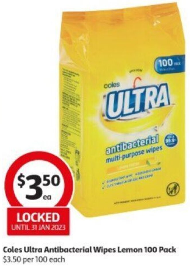 Coles Ultra Antibacterial Wipes Lemon 100 Pack offer at Coles