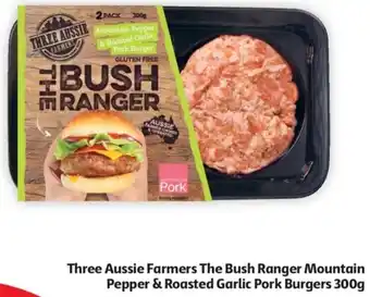 Coles Three Aussie Farmers The Bush Ranger Mountain Pepper & Roasted Garlic Pork Burgers 300g offer