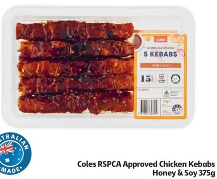 Coles RSPCA Approved Chicken Kebabs Honey & Soy 375g offer at Coles