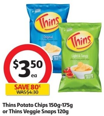 Coles Thins Potato Chips 150g-175g or Thins Veggie Snaps 120g offer