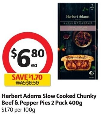 Coles Herbet Adams Slow Cooked Chunky Beef & Pepper Pies 2 Pack 400g offer