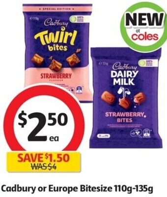 Coles Cadbury or Europe Bitesize 110g-135g offer
