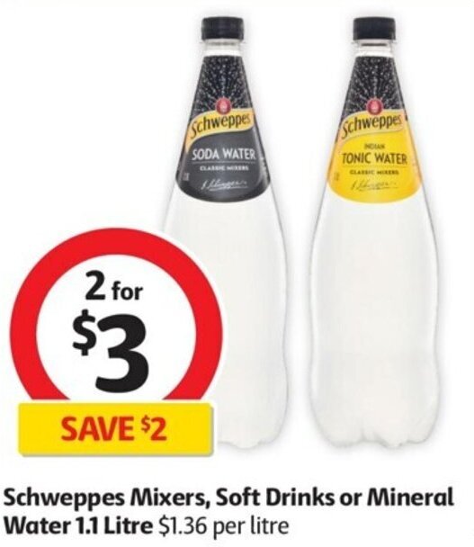 Schweppes Mixers, Soft Drinks or Mineral Water 1.1 Litre offer at Coles