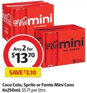 Coles Coca Cola, Sprite or Fanta Mini Cans 6x250ml offer