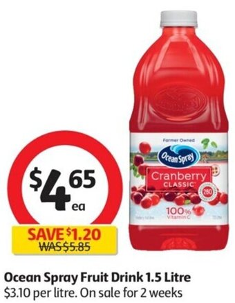 Coles Ocean Spray Fruit Drink 1.5 Litre offer