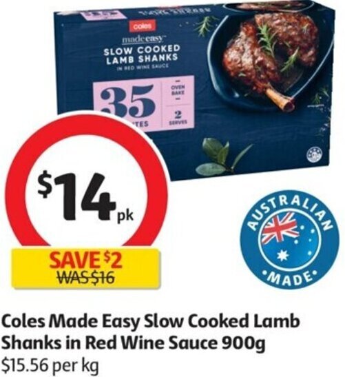 Coles Made Easy Slow Cooked Lamb Shanks In Red Wine Sauce 900g offer at