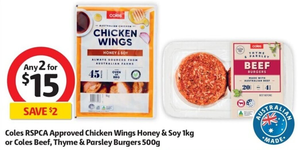 Coles RSPCA Approved Chicken Wings Honey & Soy 1Kg Or Coles Beef, Thyme