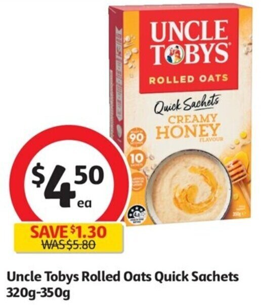 Uncle Tobys Rolled Oats Quick Sachets 320g350g offer at Coles