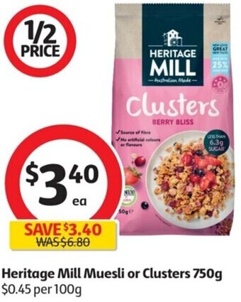 Coles Heritage Mill Muesli Or Clusters 750g offer