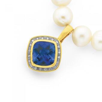 Prouds 9ct gold created sapphire & diamond cushion cut enhancer pendant offer