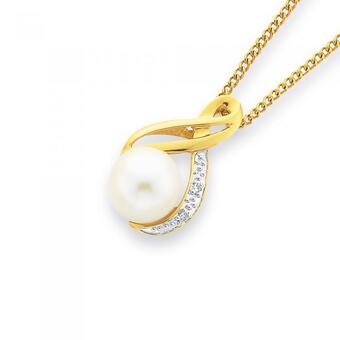 Prouds 9ct gold cultured fresh water pearl & diamond crossover pendant offer