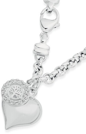 Prouds Sterling silver 19cm puff heart with tree of life in cubic zirconia circle charm belcher bracelet offer
