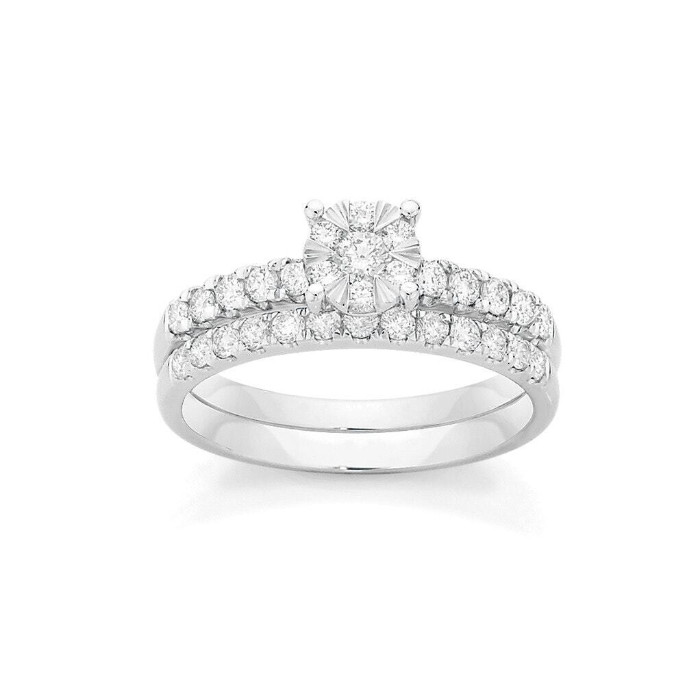 9ct white gold diamond cluster bridal set offer at Angus & Coote