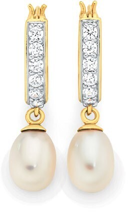 Goldmark 9ct gold cultured freshwater pearl & cubic zirconia hoop earrings offer