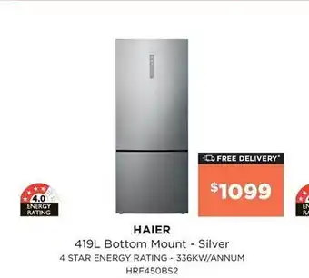 Bing Lee Haier 419l bottom mount - silver offer