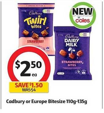 Coles Cadbury or europe bitesize 110g-135g offer