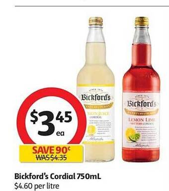 Coles Bickford's cordial 750ml offer