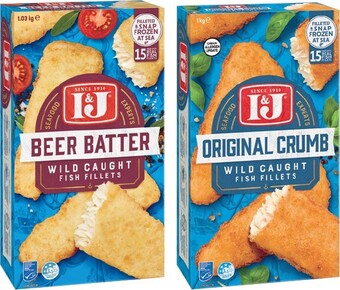 IGA I&j fish wild caught original crumb 1kg or beer batter fish fillets 1.03kg offer