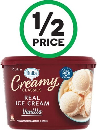 Woolworths Bulla creamy classics ice cream 2 litre – from the freezer offer