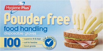 Woolworths Hygiene plus latex gloves disposable powderfree one size pk 100 offer