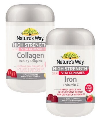 Nature's way high strength sugar free gummies collagen 50 pack or iron 65 pack