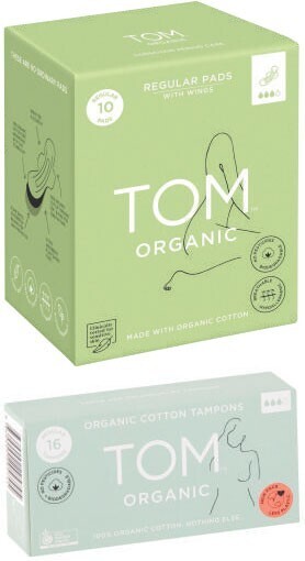 Coles Tom organic regular pads 10 pack or regular tampons 16 pack offer