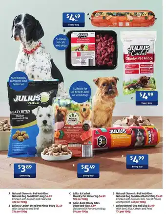 ALDI Natural elements pet nutrition, natural dog food roll 1.4 kg, julius & cachet diced pet mince 600 g, julius & cachet chunky p offer
