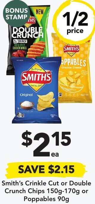 Drakes Smith's Crinkle Cut or Double Crunch Chips 150g-170g or Poppables 90g offer