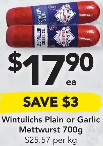 Wintulichs Plain or Garlic Mettwurst 700 g