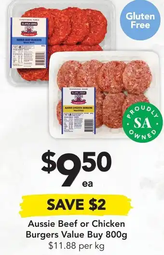 Drakes Aussie Beef or Chicken Burgers 800g offer