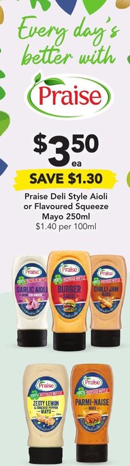 Drakes Praise Deli Style Aioli or Flavoured Squeeze Mayo 250ml offer