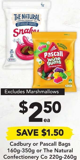 Drakes Cadbury or Pascall Bags 160g-350g or The Natural Confectionery Co 220g-260g offer